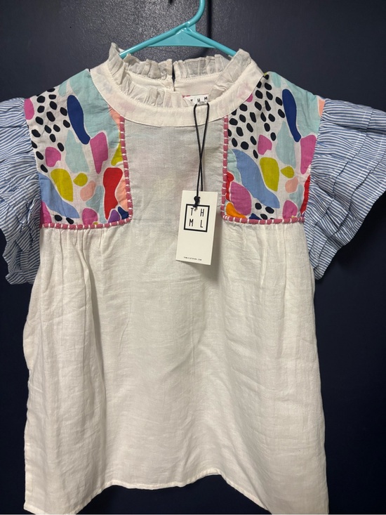 THML Tops - THML White Linen Top with Multicolor Printed Yoke and Blue Stripe Sleeves